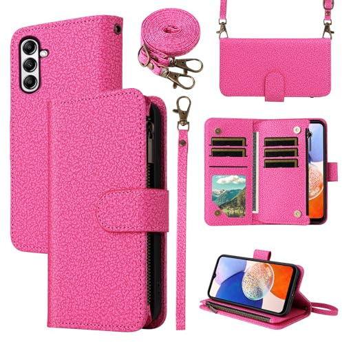 ELISORLI Wallet Case for Samsung Galaxy S24 5G with Wrist Strap Crossbody Shoulder Strap Luxury PU Leather Zipper Flip Purse Card Holder Slots Protector Stand Cell Phone Cover S 24 24S G5 Women Pink