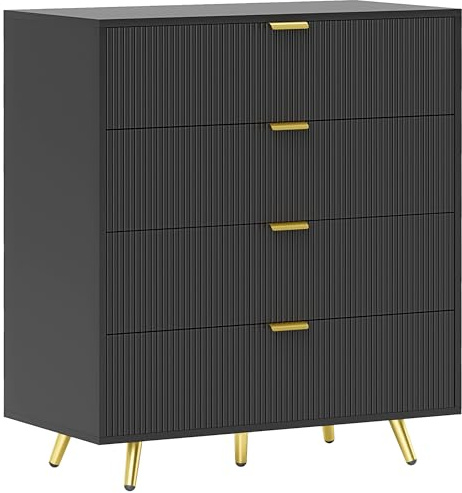 HOMCOM Bedroom Chest of Drawers with 4 Drawers Fluted 80x40x90cm Black