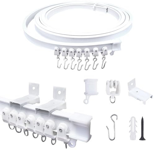 FOGAWA 5m Riel de cortina para pared con 40 ganchos en S, rieles para cortinas, riel cortina flexible plegable, sistemas de cortina riel para cortinas, ducha, separadores de ambientes, blanco