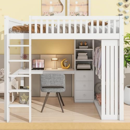 Seyakany Lit superposé Enfant 90x200 avec 3 tiroirs,lit Mezzanine 1 Places avec Armoire,lit Mezzanine escalier,avec Barriere,Lit Mezzanine avec Bureau