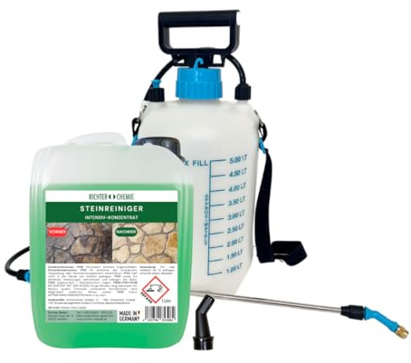 Richter Chemie Steinreiniger Konzentrat, 5 L mit Drucksprüher | Kraftvoller Außenreiniger für Haus & Garten, Porentiefe Sauberkeit, Für Stein-, Holz- & WPC-Oberflächen