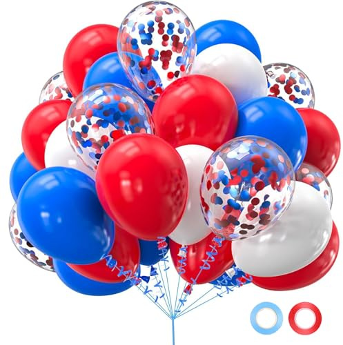 Ovanda Luftballons Blau,Luftballons Geburtstag 12 Blau Zoll Rote und weiße | Latexballons mit Konfetti Ballons Set Luftballons Hochzeit für Junge Geburtstag Baby Shower Hochzeit Jugendweihe Party Deko