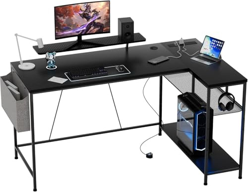EOXCIIU L Shaped Gaming Desk, 132x80cm Carbon Fiber Computer Desk with Reversible Storage Shelves, Power Outlet, Storage Bag & Hook, Corner Desk for Home Office & Gaming Setup Black