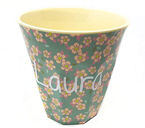 Elfenstall Rice Becher mit Wunsch-Namen personalisiert - zu Nikolaus, Weihnachten oder Geburtstag (Blumen Blau, Medium)