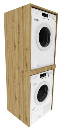 Tvättmaskinskåp 66 x 180 x 51,2 cm (B/H/T) – kolumnskåp för tvättmaskin och torkskåp – tvättrum överskåp – tvättmaskinshylla – skåp för tvättstuga och badrum (artisan-ek)