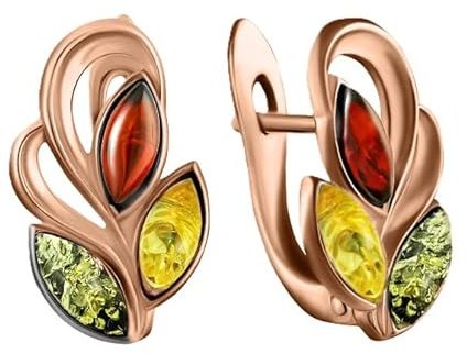 Kleine Rose Gold vergoldete Sterling Silber 925 3-Blätter Ohrringe mit echtem baltischem Bernstein in 3 Farben; Hergestellt in Deutchland