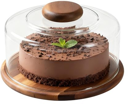 Yuhtech Bandeja para tartas con tapa, campana de cristal con bandeja de madera, soporte para tartas con campana, placa para tartas con tapa