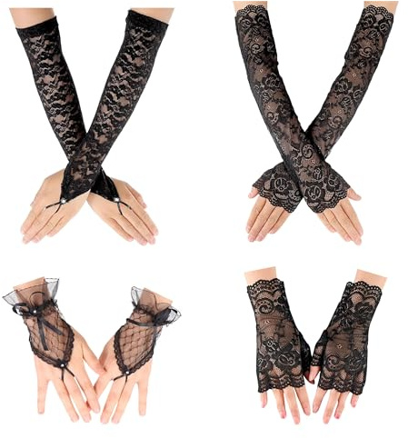 PYSEOSISE Guantes de Encaje, 4 Pares Guantes Mujer Vintage, Guantes Negros Guantes de Encaje Sin Dedos Lace Gloves para Mujeres para Boda Fiestas de Disfraces Banquete