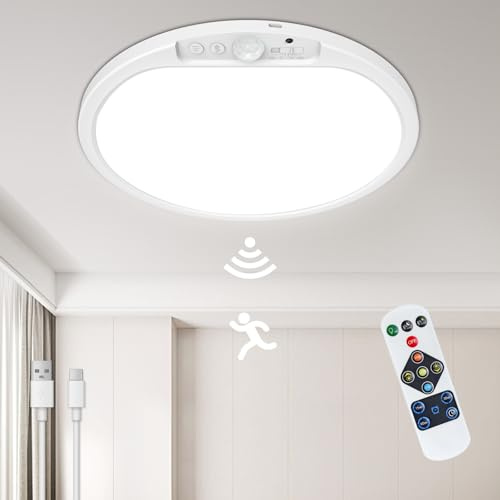 SonPen Akku LED Deckenleuchte mit Bewegungsmelder Innen, 30cm Rund Deckenlampe mit Aufladbare 10000mAh Batterie & Fernbedienung | Kabellos, IP44 Wasserdicht | für Flur, Bad, Küche, Garage, Keller