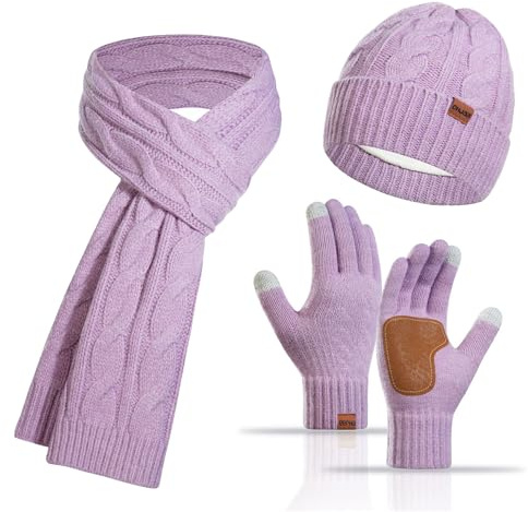 VEGCOO Mütze + Schal + Handschuh-Sets für Damen, Damen Winter Warm Mütze Lang Schal und Touchscreen Handschuhe Set mit Fleece Gefütterte (Lila)