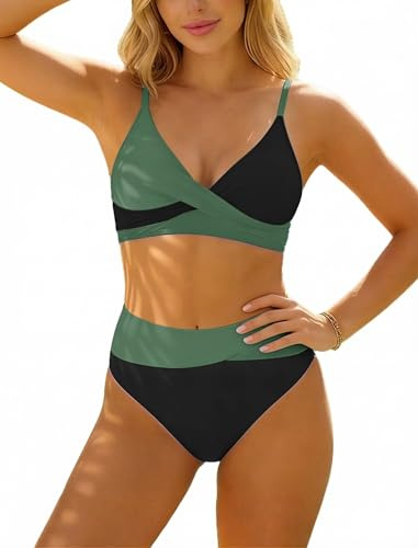 TcIFE Costume da Bagno Due Pezzi da Donna, Set Bikini a Vita Alta con Scollo a V, Controllo Pancia Color Block Sexy Costume Piscina