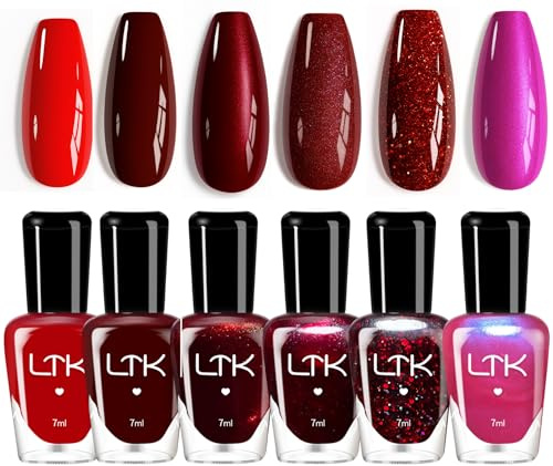 Red Nail Polish Set - 6Pcs Red Nail Varnish - Air Quick Dry Nail Polish - Dark Burgundy Wine Red Nail Polishes Kit - Popular Sparkle Nail Art Polish Pack for Women Girls Christmas Party Gift