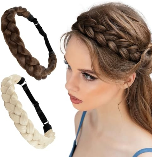LAKPYN 2 psc geflochtenes haarband haarband geflochten trachten haarreif Band 2 Strands Synthetic Hair Wide Braided Headband Hairpiece Hair for Wedding Bavaria Folk Strandblond & Schwarzbraun