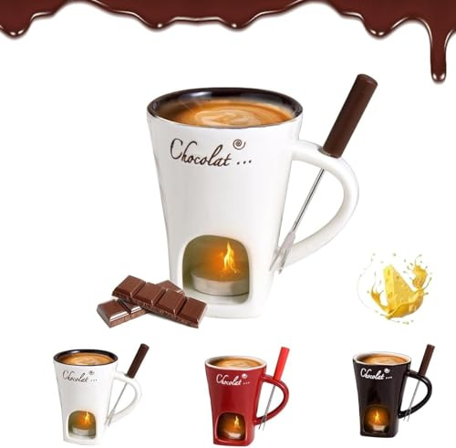 Orgonite Sweet Fondue Cup, Chocolate Fondue Mug with Fork and Candle, Chocolate Melting Cup Set with Forks for Date Night Birthday Wedding Gifts (White)