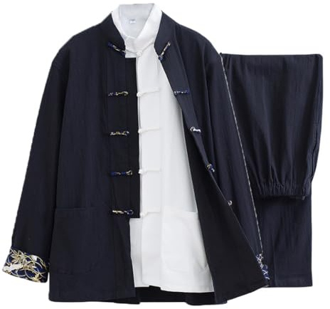 Cotton Linen Tai Chi Uniform Set Tang Suit Chinese Traditional Martial Art Long Sleeved Coat Tops Pants, black-4XL