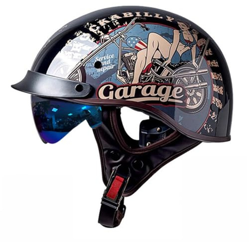 Casques Jet Demi-Casque Moto Vintage Homologué DOTECE Rétro Casques Bols avec Pare-Soleil Et Boucle À Dégagement Rapide Réglable Casque Ouvert pour Scooter Vélo Cruiser 10,M:57-58CM