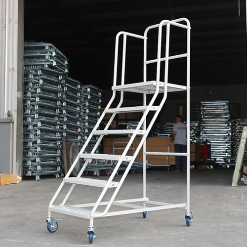 Escalera móvil con ruedas y pasamanos, escalera de plataforma de metal de 4 escalones para almacén, supermercado, biblioteca