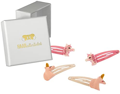Haarallerliebst Haarspangen Set für Kinder – 4 Stück Einhörner mit Glitzer inkl. Aufbewahrungsbox weiss – Ideal für dünnes bis dickes Haar