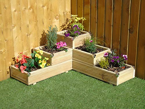 Wood-Shed Ltd Large 3 Tiered Corner Garden Level Steps Wooden Decking Patio Planter Trough - Corner Covers (Natural)