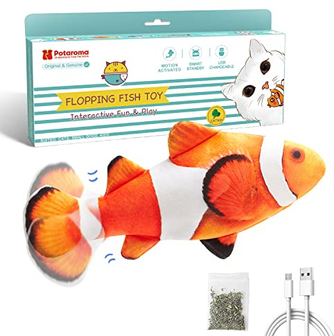 Potaroma Cat Toys Flopping Fish with SilverVine and Catnip, Moving Kitten Kicker, Floppy Wiggle Clownfish for Small Dogs, Motion Kitty Interactive Exercise, 10.5 Inches