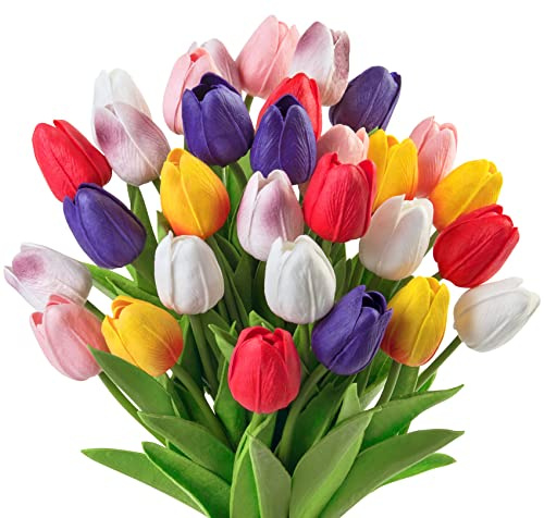 Ouddy Decor 30 Pcs Multicolor Tulips Artificial Flowers Real Touch PU Faux Flowers Fake Tulips Stems for Spring Summer Bouquet Floral Room Table Party Wedding Easter Mothers Gifts Home Decorations
