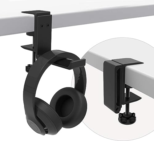MMOBIEL Headphone Stand, Foldable Headset Stand, Under Desk Headphone Holder - Universal Fit, Adjustable Clamp and Space Saving - Gaming Headset Hook, Holder Hanger Mount - Black Aluminum