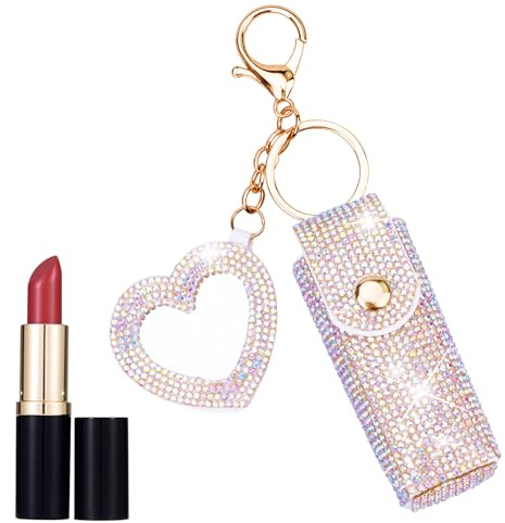 Fantasyon Lipstick Holder Keychain with Mirror Leather Diamond Lip Gloss Bag Purse Chapstick Holder Portable Lip Balms Holder for Women Girl Travel Lipgloss Coins Storage (Color)