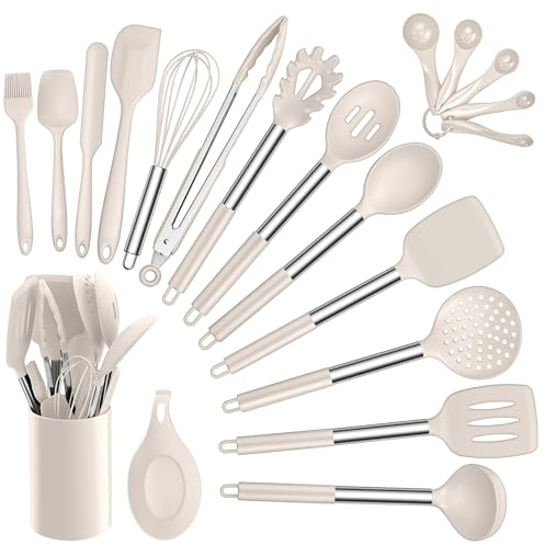 HaWare Juego de 20 Utensilios de Cocina de Silicona con Mango de Acero Inoxidable, Resistente al Calor, con Soporte, Apto para Lavavajillas