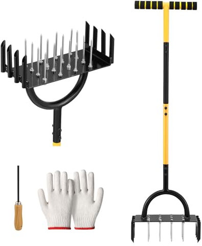 Aeratore per prato – Aeratori per prato manuali, Scarificatore per prato in metallo manuale per scalmare il prato con 16 punte, aeratore per prati per pavimenti compatti e prati, strumento da giardino