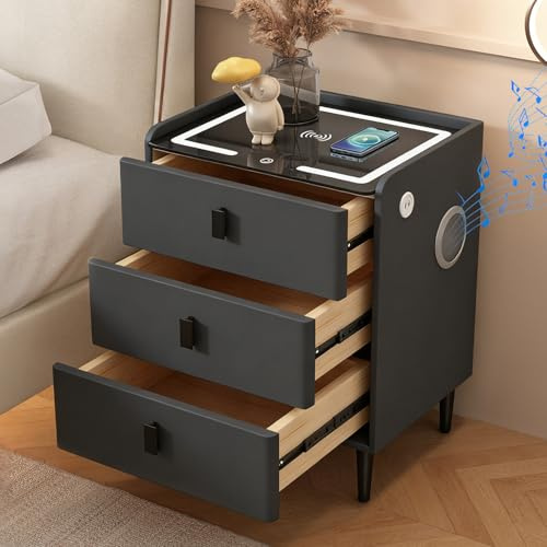 Modern Sängbord Nattduksbord med LED-lampor, Dubbel USB, Trådlös laddning, Bluetooth-högtalare, 3 lådor Smart Nattduksbord, 45 * 40 * 59cm