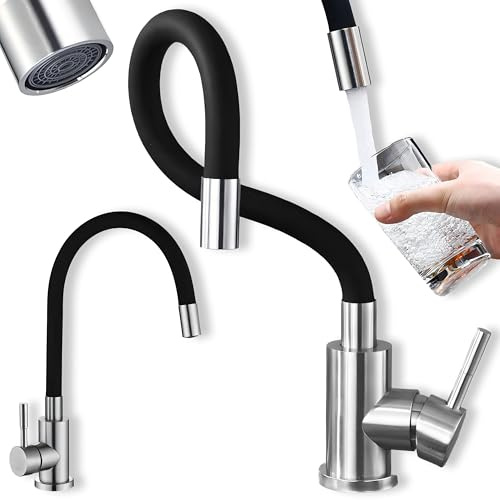 Retoo Hochdruck Wasserhahn Küche 360° Drehbar Edelstahl Gebürstet – Ausziehbare Silikonarmatur mit Verstellbarer Höhe und Reichweite, Umweltfreundlich, Sicher, Standard-Montage, Einfache Installation