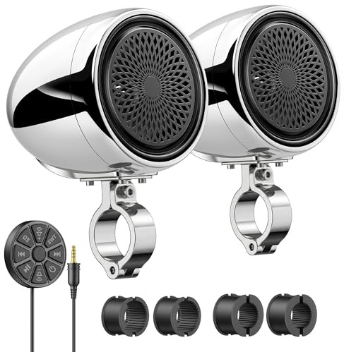 Ehaho 600W Motorcycle Speakers Bluetooth, 4'' Waterproof Stereo with Built-in Class-D Amplifier, Heavy Bass, USB, Wired Remote, 0.75-1.25 Universal Mount for Harley ATV UTV Golf Cart Marine - Silver