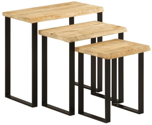 Frdhee Mesa de sofá, muebles de salón, mesa auxiliar moderna, mesa lateral, mesas de juego con borde de árbol, 3 unidades, madera maciza de mango para dormitorio, recepción de invitados, fácil montaje