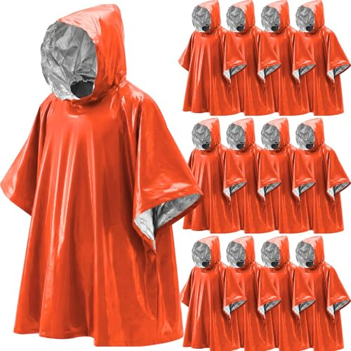 Tellegloww 12 Pack Emergency Ponchos with Polyester Film Blanket Liner Waterproof Windproof Thermal Survival Blanket Rain Ponchos for Adult Outdoor Camping Hiking Emergencies Essentials (Orange)