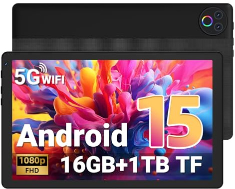 Gleeso Tablet 10 Pollici, Android 15 Tablet con 16GB RAM 1TB TF, 1332 * 800 FHD Android Tablet con Sblocco Facciale, Widevine L1, Bluetooth 5.4 / WiFi 5G, 5MP Fotocamera, Tablet PC OTG - Nero