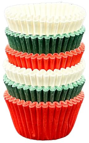 Scrumptious! - 150PC Mini Muffin Cases - Red, White And Green Mix - 45GSM 31mm x 23mm Greaseproof Paper Baking Cases - Great for Christmas and Festive Themed Party Cakes, Bakes, Sweets And Treats