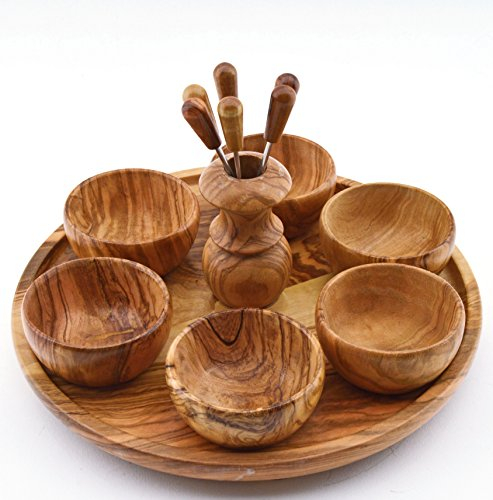 ART ESCUDELLERS Juego 6 ENTREMESERAS Redondas en Madera de Olivo Hechas a Mano. 21,5 cm x 21,5 cm x 11 cm