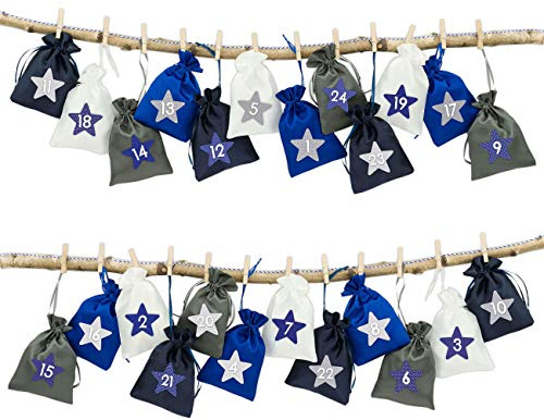 Papierdrachen 24 Adventskalender Stoffsäckchen zum Befüllen – mit Bäckergarn und Klammern – Stoffbeutel zum selber Dekorieren – Geschenksäckchen - maritim Nr 11