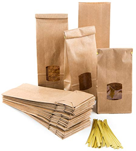 Große Blockbodenbeutel, 10 Stück: Papiertüten mit Fenster, Tüten Groß, Teetüten Braun, Geschenktüten für Lebensmittel, Tee & Gewürze, Kraftpapiertüten, Papiertaschen mit Clips, 10 x 6,5 x 27,5 cm
