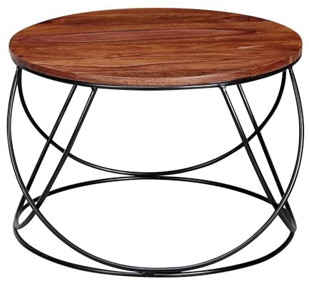 FineBuy Couchtisch Rund 60x60x40 cm Sheesham Massivholz Metall | Wohnzimmertisch Industrial, Sofatisch aus Echtholz, Holztisch handgefertigt, jedes Stück ein Unikat