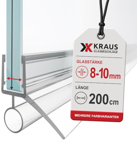 KRAUS Duschdichtung für 8-10mm Glas, 200cm - Transparent, Qualitative Duschtürdichtung/Duschlippe als Duschdichtungen für Duschtüren, kombinierbar mit einer Schwallschutzleiste Dusche
