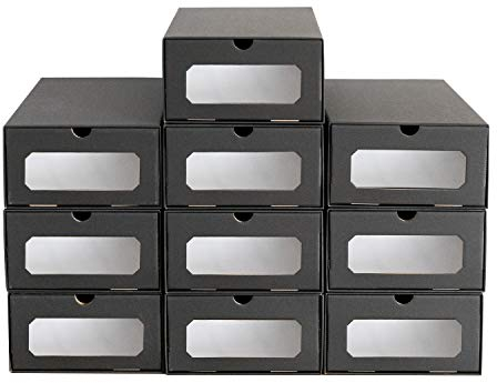 5 x PresentFill® Aufbewahrungsbox Schuhbox Schwarz Schuhschachtel Schubladenbox Schuhkarton Ordnungsboxen mit transparentem Sichfenster stapelbar aus Pappe Karton Schuhaufbewahrung Schuhorganizer