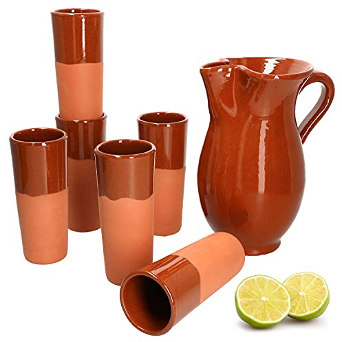MamboCat 7tlg. Tonkrug Set I antikes Service 1,9ltr Ton Karaffe mit Bechern 300ml 6 Stück I Ton Geschirr mediterraner Stil I Unikat Handarbeit I Metkrug mit Weinbecher I Glühwein Becher ohne Henkel