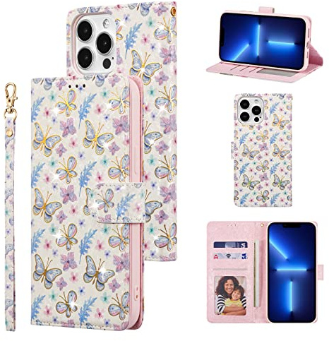 UEEBAI Wallet Case for iPhone 14 Pro 6.1 inch, PU Leather Phone Case Kickstand RFID Blocking Flip Case with Card Slots Wrist Strap Relief Engraved Pattern Magnetic Closure Folio Case - Butterfly