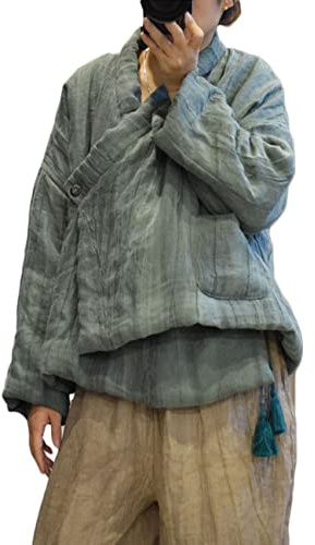 NFYM Hanfu/Hanten Veste en coton pour femme Manteau enveloppant sur le devant Haut Bas Irrégulier Lin Chaud Matelassé Court Vêtements d'extérieur avec pompon, vert, taille unique