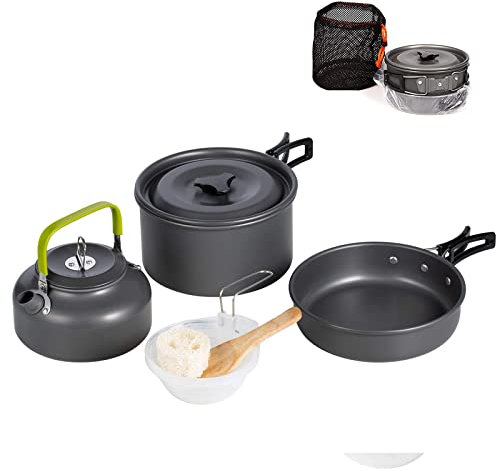 Outdoor Aluminum Cookware Mess Kit with Folding Cookset, Non-Stick Teapot and Pan - Lightweight, Mesh Storage Bag for Backpacking and Outdoor Cooking (Black)