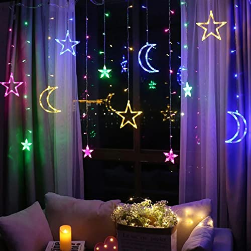 GALER Star Moon Christmas Window Lights, 3.5m LED Christmas Curtain String Lights, Battery Powered Garland Ramadan Decorations for Home, Xmas, Wedding, Party, Terrace, Ramadan, Eid, Lawn (Multicolor)