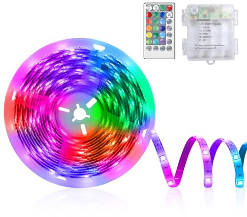 CCILAND Battery Powered RGB LED Strip Lights, 6.6ft 60 LEDs 16 Color Changing Lights Strip with Timer Dimmable 8 Modes LED Lights for Bedroom Outdoor RV Camping Awning Party Indoor Decoration