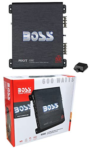 KIT SET PER BOSS AUDIO SYSTEMS RIOT R3002, 1 amplificatore stereofonico 2 canali 600 watt max, classe a/b, con bass boost e remote per subwoofer incluso, 1 pezzo