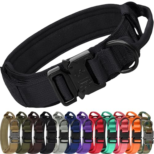 Joytale Tactical Dog Collar with Handle and Metal Buckle, Heavy Duty Padded Military Collar with 2 Patches for Training, Adjustable for Large Dogs, Black, L